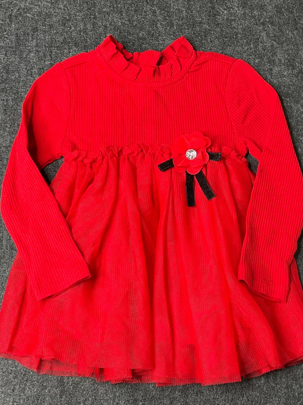 Kids Headquarters Girls Red Tutu Dress 2T Long Sleeve Flower Bow and Ruffles EUC